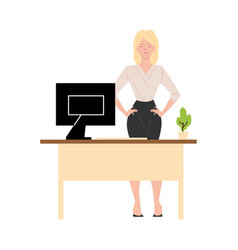 Blond Businesswoman Cartoon With Computer On Desk