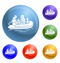 Migrant Family Boat Icons Set