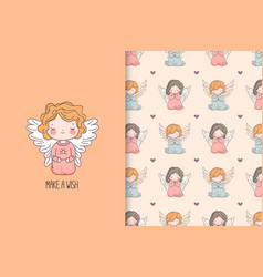 Cute Baby Angel Card And Seamless Pattern Set