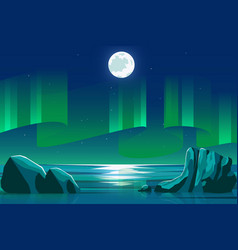 Sea Ocean Scenery At Night With Green Aurora Backg