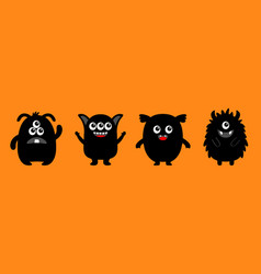 Cute Monster Set Line Happy Halloween Black