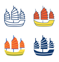 Asian Junk Boat Icon Set In Flat And Line Style