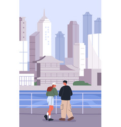 Tourists Couple Asian City People Looking At