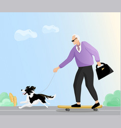 Elderly Man Going To Work With Border Collie Dog