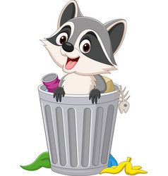 Cute Raccoon Cartoon In Trash Can