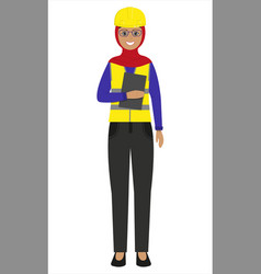 Muslim Woman Engineer In Yellow Helmet With Tablet