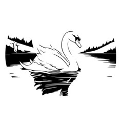 Swan Swimming On The Lake In Cartoon Style