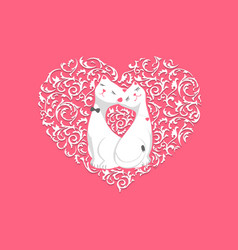 Two Cute White Lovers Cartoon Cat In Floral