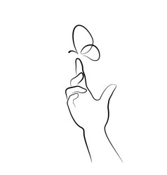 Hand with butterfly on finger line art drawing Vector Image