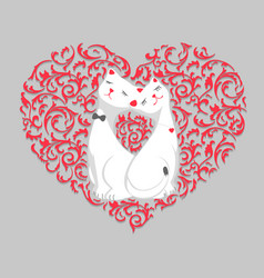 Two Cute White Lovers Cartoon Cat In Pink Floral