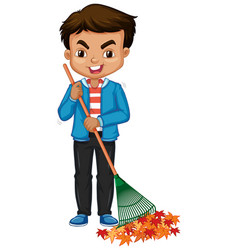 Boy Raking Leaves On White Background