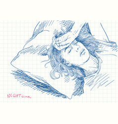 Tired Young Woman Sleeping In Bed Blue Pen Sketch