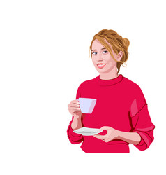 Happy Woman In Pink Sweater Holding A Cup