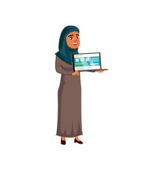 Islam Woman Presenting Web Site On Laptop Monitor