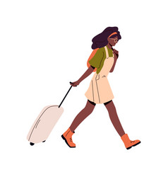 Black Woman Pulling Wheel Baggage Suitcase Young