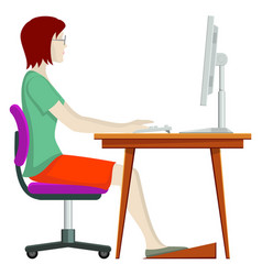 Woman Working At Computer Desk Side View Sitting