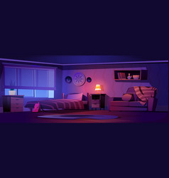 Night Bedroom Interior With Bed And Couch Cartoon