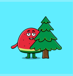 Cute Cartoon Watermelon Character Hiding Tree