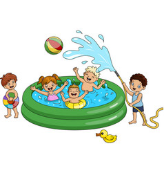 Cute Children Cartoon Playing In Water Park