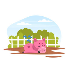 Funny Pink Pig Character Lying In Mud Puddle