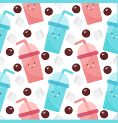 Seamless Pattern Boba Drink With Cheerful Face