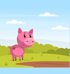 Funny Pink Pig Character Grazing On Green Meadow