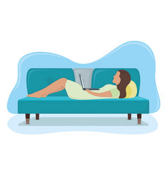 Woman Lie On Sofa With Laptop In Arms Female