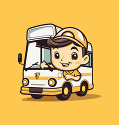 Cute Boy Driving A School Bus On Yellow