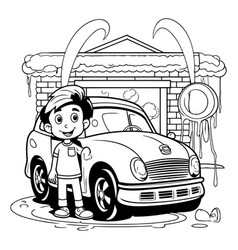 Boy With Car In Front Of The House For Coloring