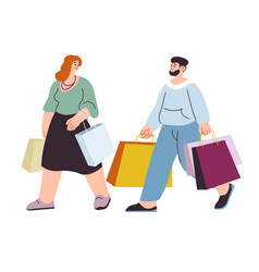 Man And Woman Couple Shopping Walking With Bags