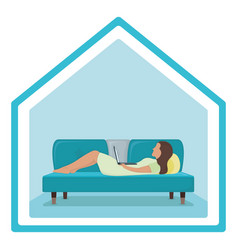 Woman Lie On Sofa With Laptop In Arms Female