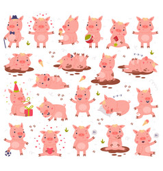 Funny Pink Pig Character Engaged In Different