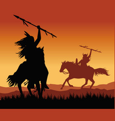 Natives Warriors In Horses Sunset