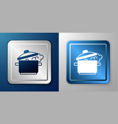 White Cooking Pot Icon Isolated On Blue And Grey