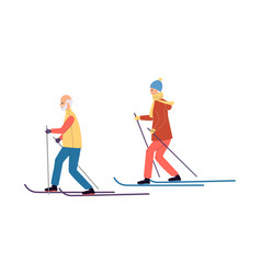 Skiing Elderly Couple Cartoon Characters Flat