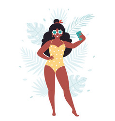 Black Woman In Retro Glasses And Swimsuit Making