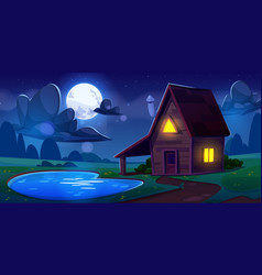 Wooden Cabin On Shore Of Lake At Night