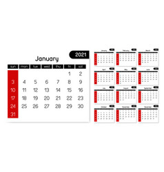 2021 Calendar Simple Clean White Black Red Full