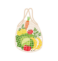 String Bag With Vegetables And Fruits On A White