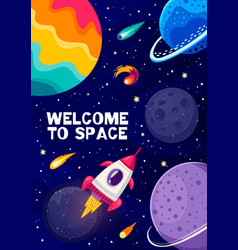 Cartoon Space Poster With Rockets And Planets