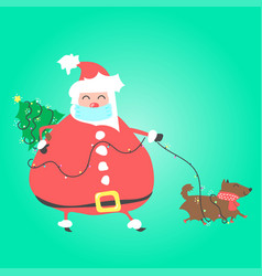 Santa Claus With Medical Mask Walks Dog