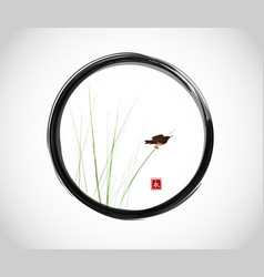 Bird Sitting On Reed Grass Stem In Black Enso Zen