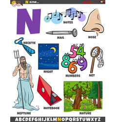 Letter N Set With Cartoon Objects And Characters