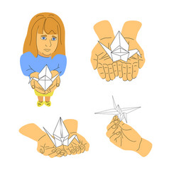 Sad Girl With Origami Crane Children Pray