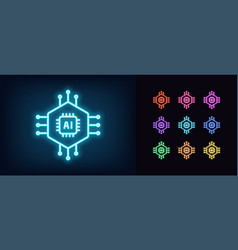 Outline Neon Ai Cpu Icon Set Glowing Neon