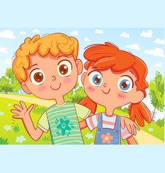 Boy And Girl Are Smiling Waving At Camera