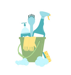 Cleaning Concept Bucket With Brushes Gloves