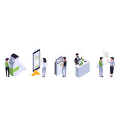 Isometric People Using Atm Or Online Cash