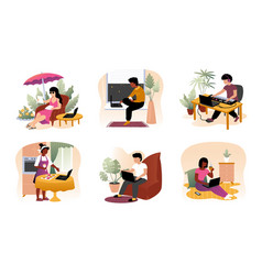 Work From Home Cartoon Men And Women Sit