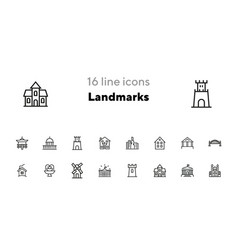 Landmarks Line Icon Set House Bridge Mill